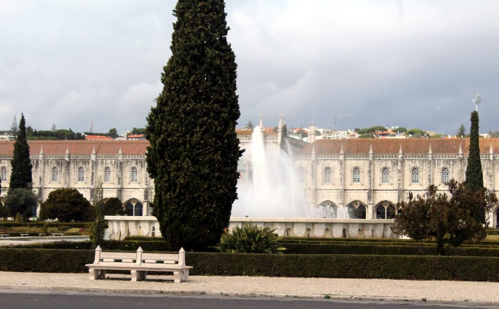 Praça do Império gardens and fountain in front of Jerónimos Monastery in Belém