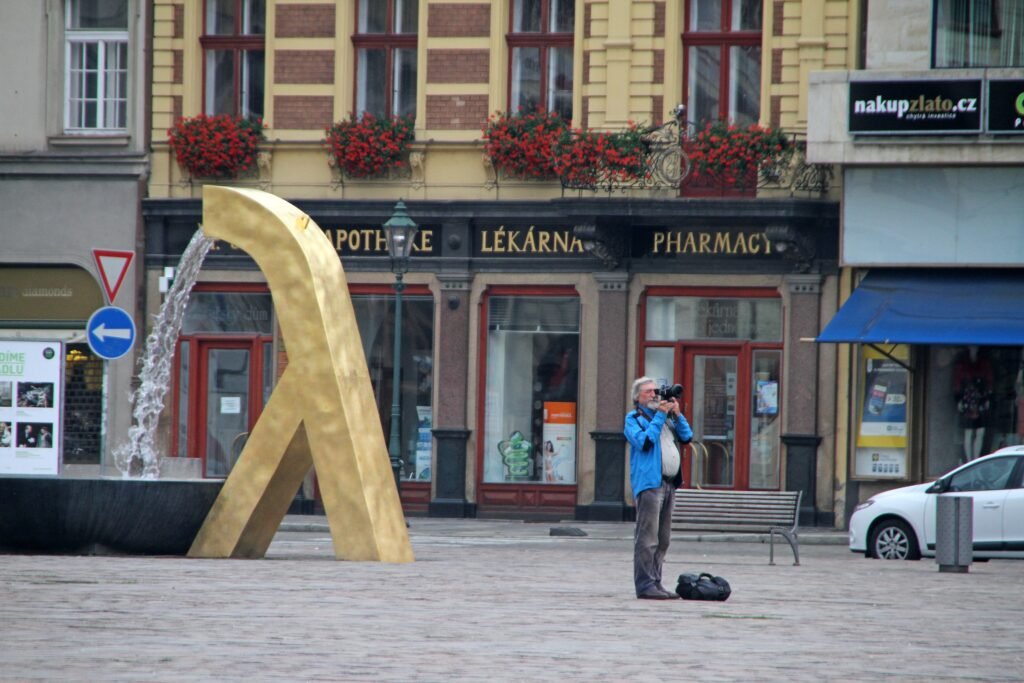 Republic Square streetscape and fountain in central Plzeň