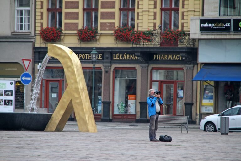 Republic Square streetscape and fountain in central Plzeň
