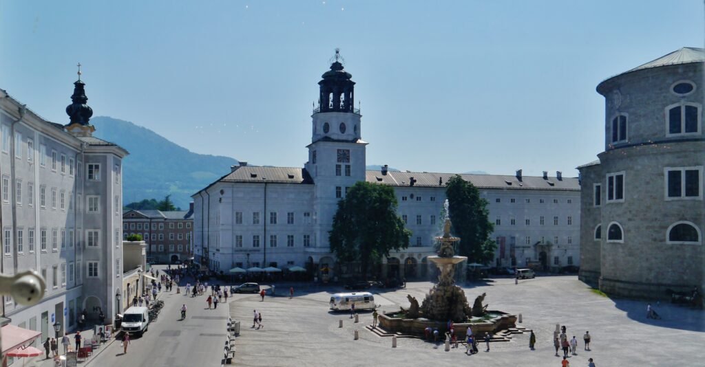 Residenzplatz in Salzburg with the fountain and surrounding historic buildings