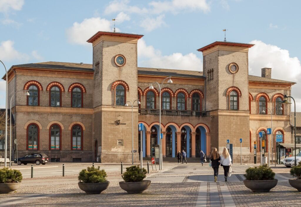 Roskilde Station facade and pedestrian approach in Roskilde, Denmark