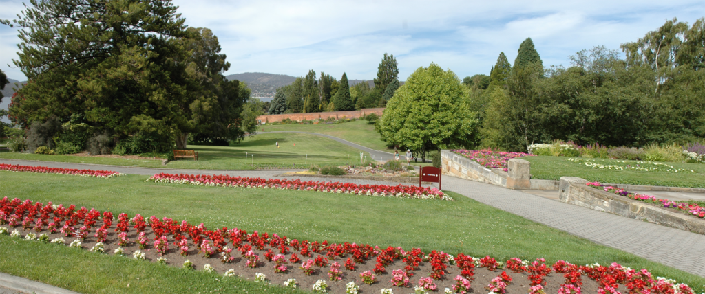 Paths, lawns and flower beds inside the Royal Tasmanian Botanical Gardens in Hobart