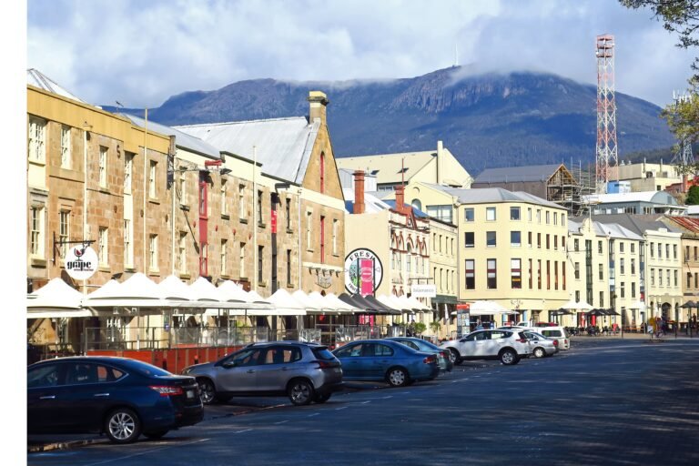 Salamanca Place in Hobart with its sandstone warehouse frontage and pedestrian area