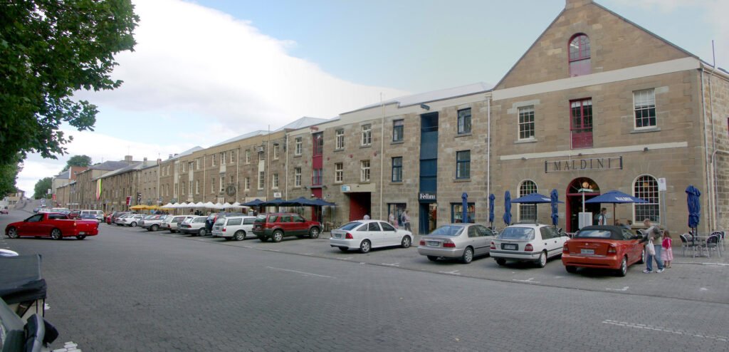 Salamanca Place street and sandstone warehouse frontage in central Hobart