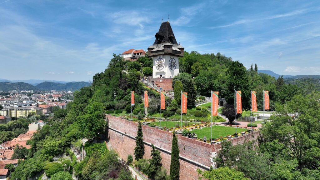 Schlossberg and the Uhrturm rising above central Graz