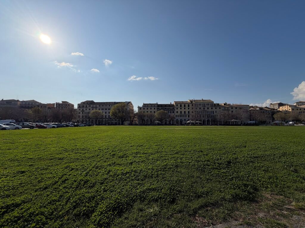 Spianada Square in Corfu Town with the historic center along its western edge
