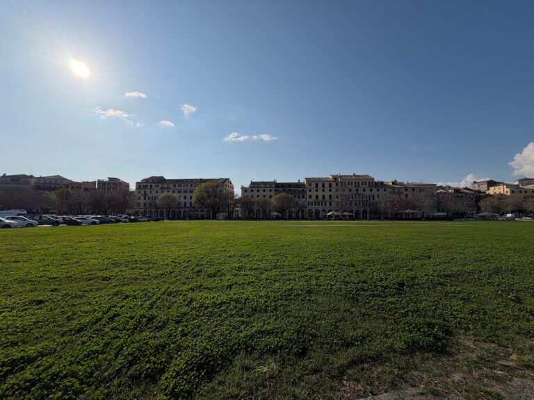 Spianada Square in Corfu Town with the historic center along its western edge