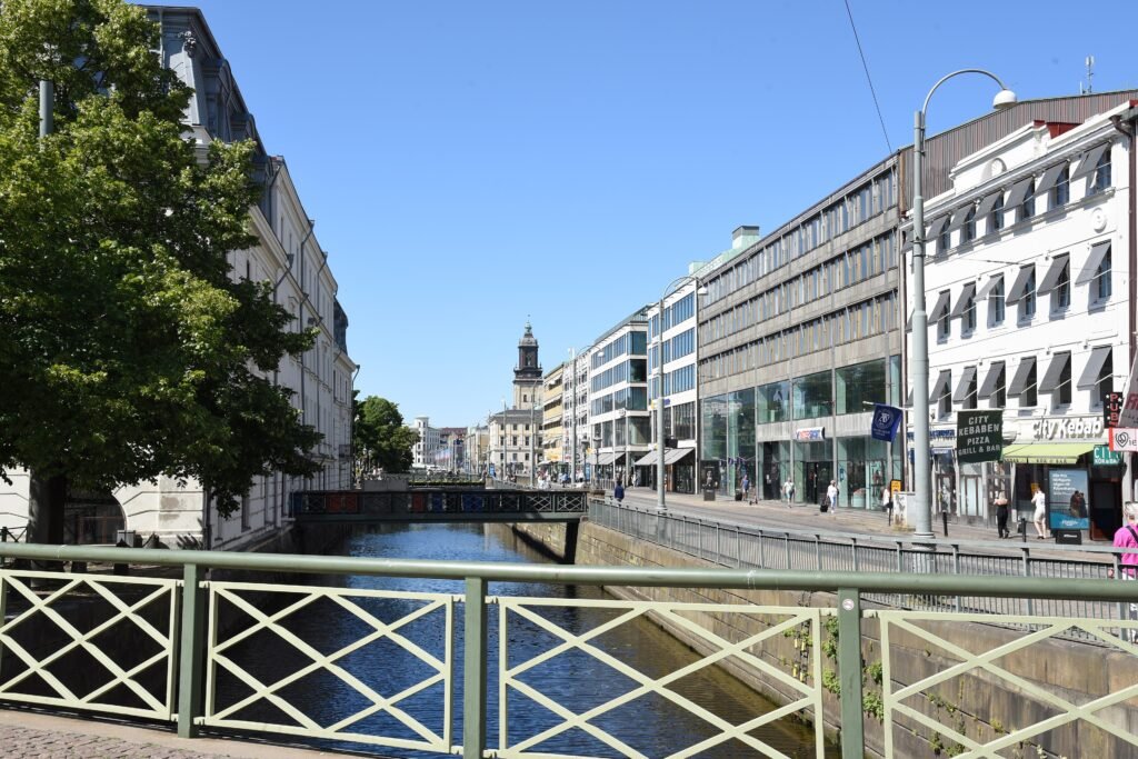 Stora Hamnkanalen in central Gothenburg with bridges and tram tracks