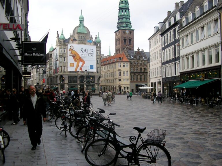 Pedestrians and bicycles on Strøget in central Copenhagen