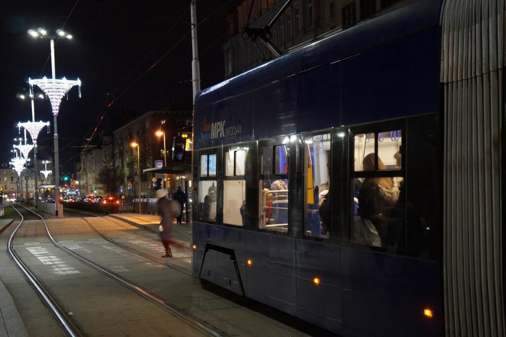 Świdnicka tram stop in central Wrocław with tram tracks and pedestrian space