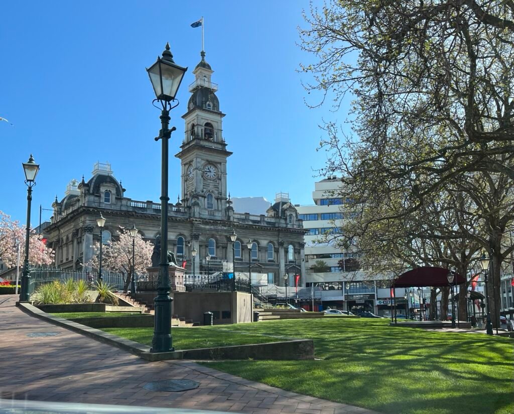 The Octagon in central Dunedin with surrounding civic buildings and pedestrian space