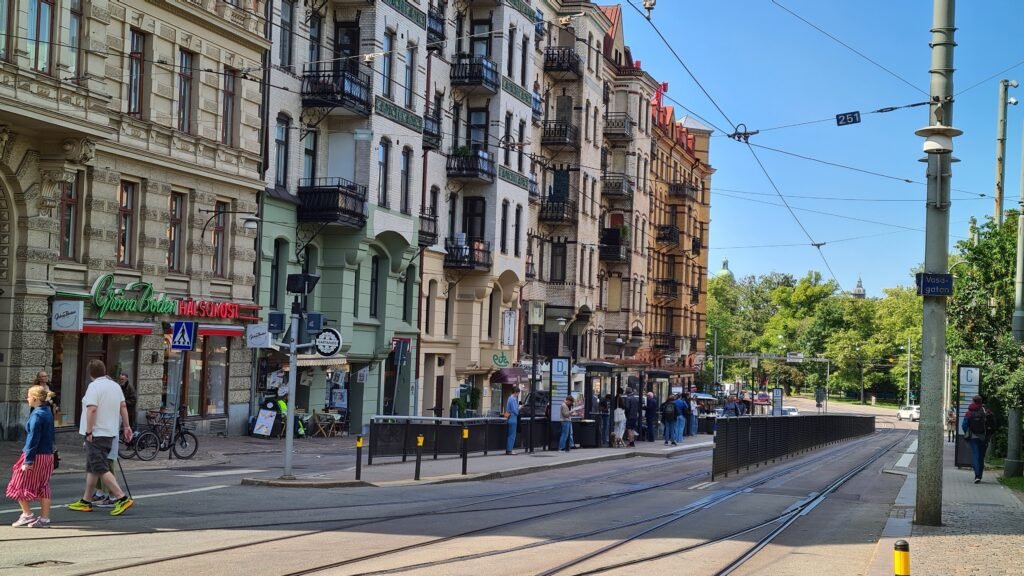 Pedestrians and tram tracks at Vasaplatsen in Gothenburg