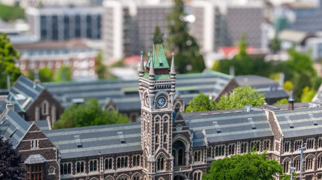University of Otago Clocktower beside pedestrian paths in North Dunedin