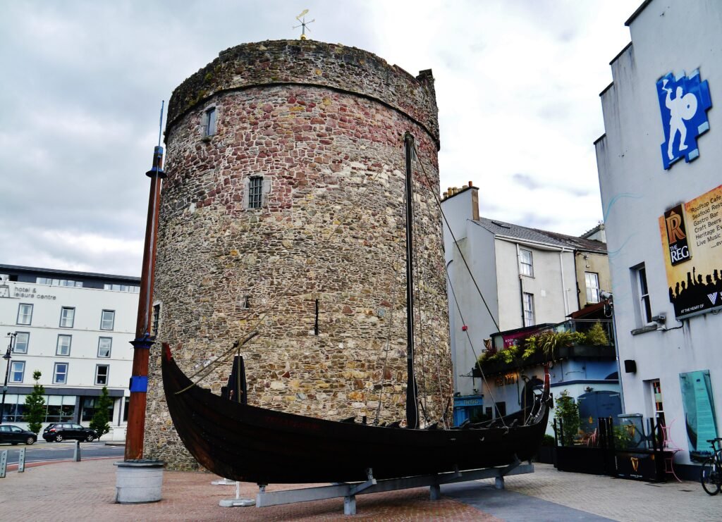 Replica Viking ship beside Reginald’s Tower in Waterford’s Viking Triangle