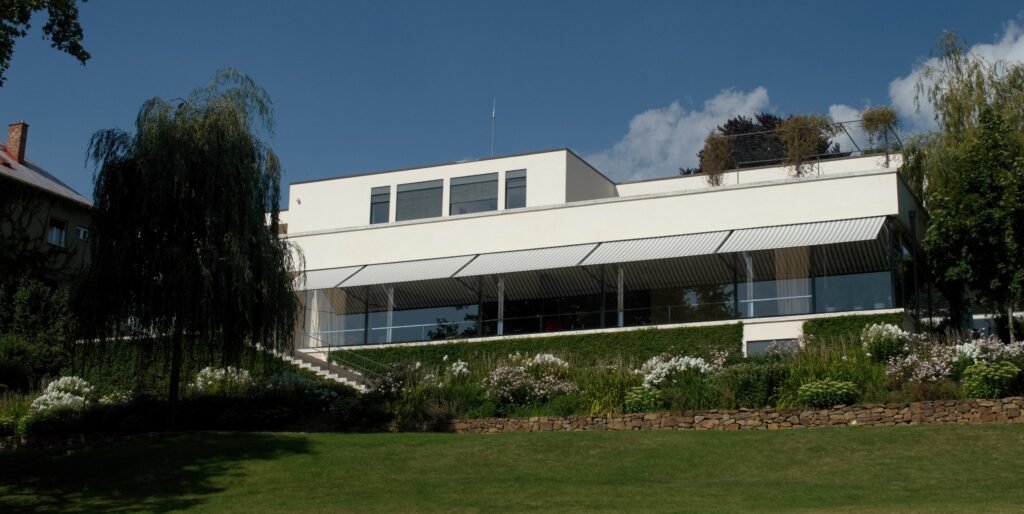 Villa Tugendhat in Brno seen across its garden