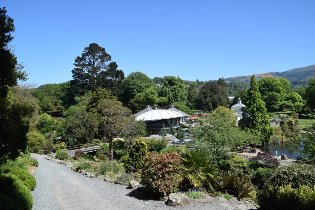 Path and planted landscape inside Dunedin Botanic Garden