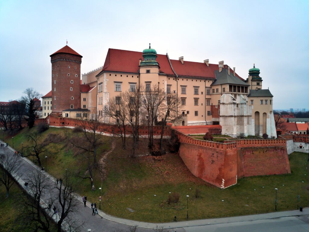 Wawel Royal Castle rising above the Stradomska Street approach in Kraków