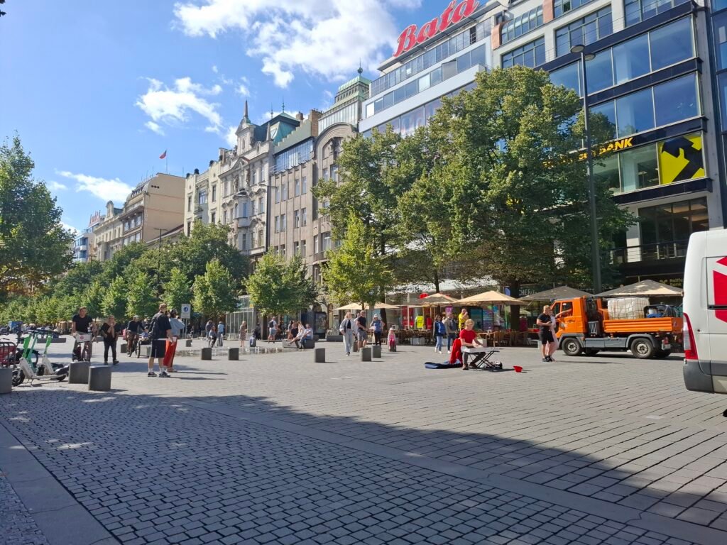 Pedestrians and paving on Wenceslas Square in Prague