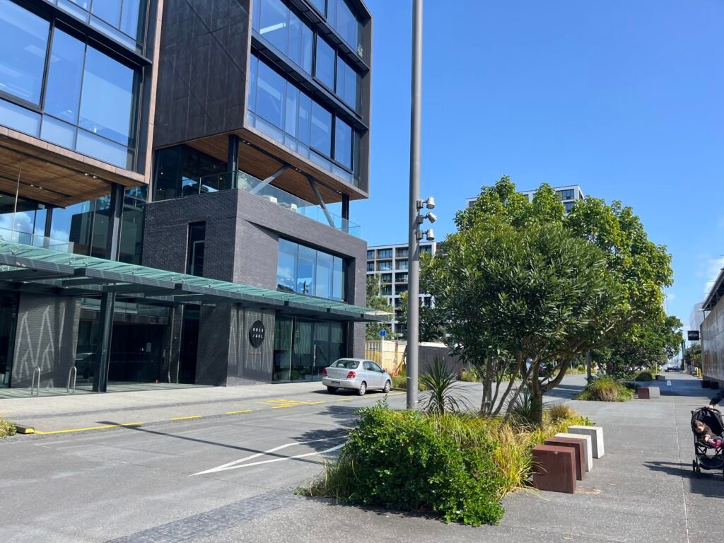 Wide pedestrian space and streetscape in Wynyard Quarter, Auckland